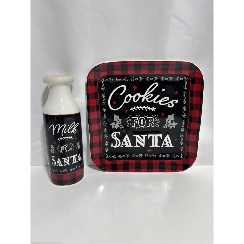 Christmas Cookie Plate & Mike Jug 2 Pc Set. Holiday Time Buffalo Pattern Ceramic